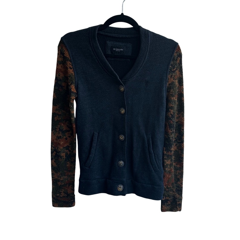 OBEY PROPAGANDA Cardigan Sweater XXS Camo Sleeve Button Front Knit Top